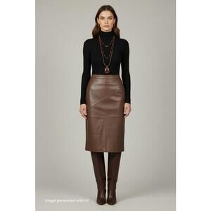 Vintage Savion Brown Leather Midi Skirt with Diagonal Seams Size 10